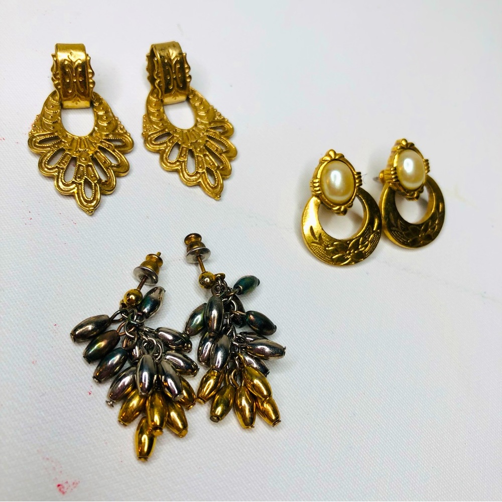 VTG 80s Earring Bundle Set of 3, Gold, Faux Pearls, Detailed & Unique
